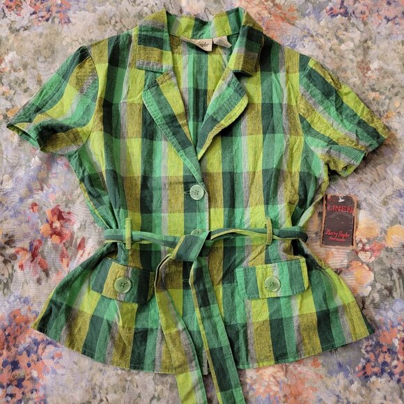 Sherry Taylor Checked Plaid Belted Shirt, Green, Size M, NWT - Picture 3 of 16